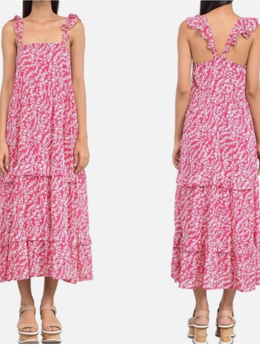 Banjanan Penelope Pink Floral Tiered Ruffle Midi Dress | S